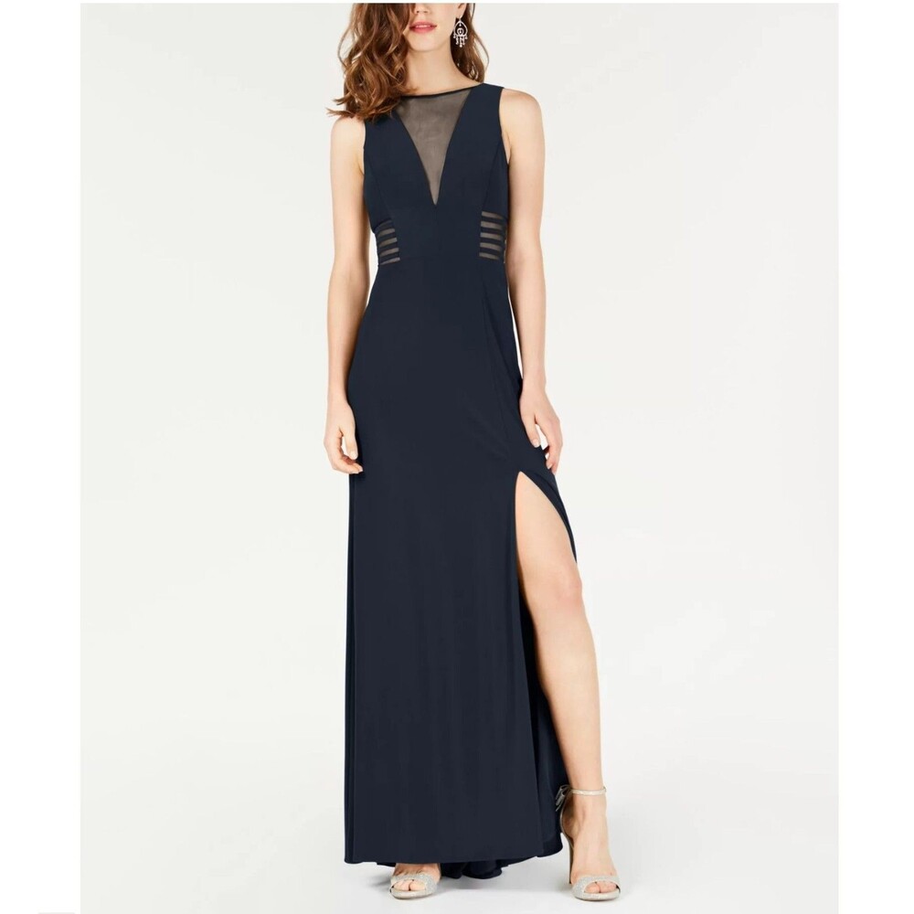Morgan & Co Juniors Womens 11/12 Navy Blue Mesh Cutout Long Dress NWT CX58